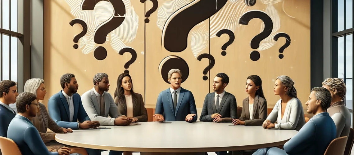 Diverse group of adults of various ethnicities engaged in a lively discussion around a round table in a modern office, highlighting the concept of asking great questions.